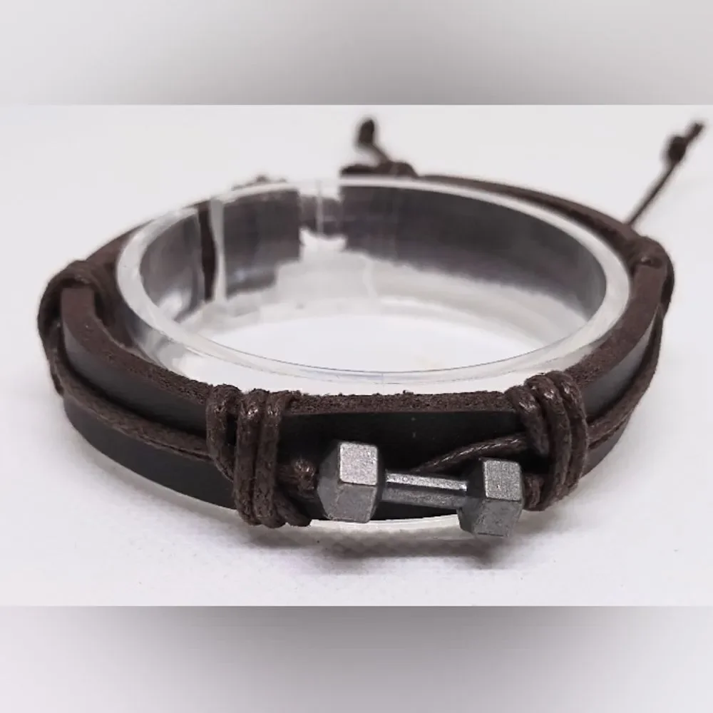 Men's leather bracelet barbell‎ brown new e50